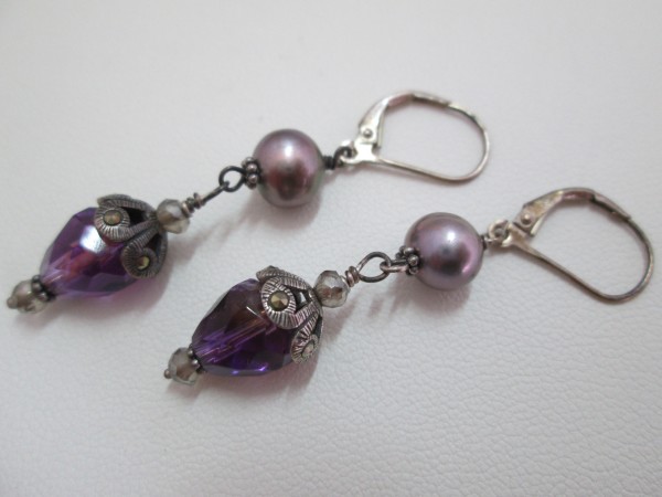 Amethyst Earrings with Marcasite Cap and CFW Pearl  by Hollis Bauer