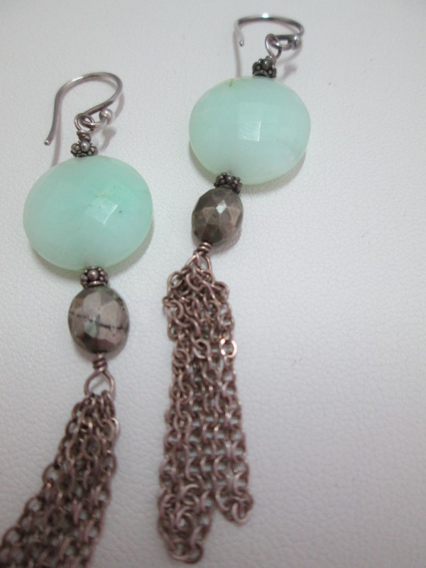Faceted Chrysoprase and Pyrite Bead Earrings with SS Chain Tassel by Hollis Bauer