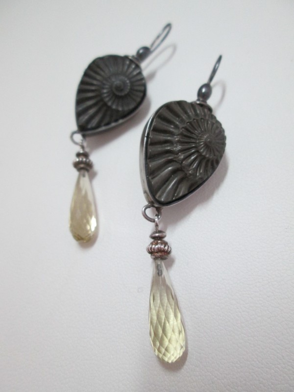Amonite Fossil Earrings with Green Quartz Briolette by Hollis Bauer