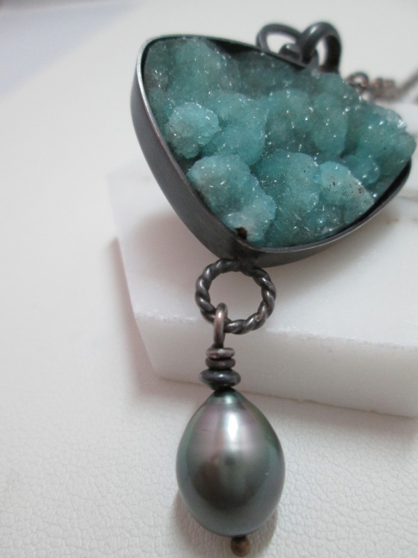 Naturally Colored Druzy with Tahitian Pearl Necklace by Hollis Bauer