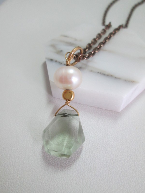 Green Amethyst with CFW Pearl and 18 ct Gold Necklace by Hollis Bauer
