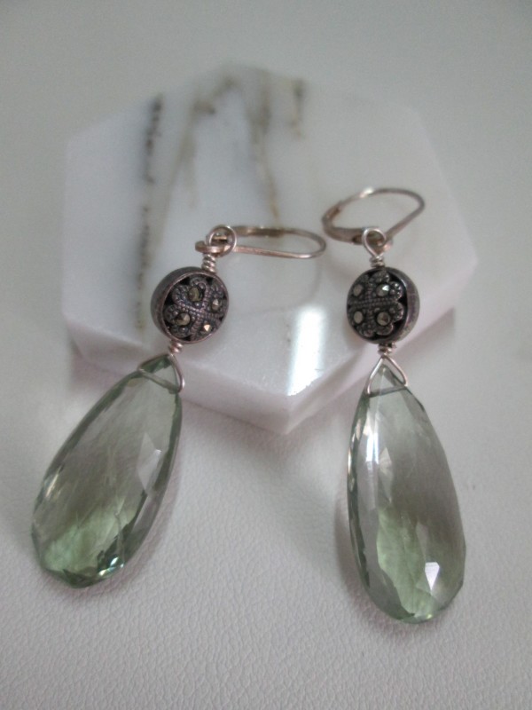 Faceted Green Amethyst and Marcasite Earrings by Hollis Bauer