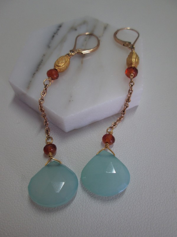 Chalcedony Drop Earrings with Garnet Beads by Hollis Bauer
