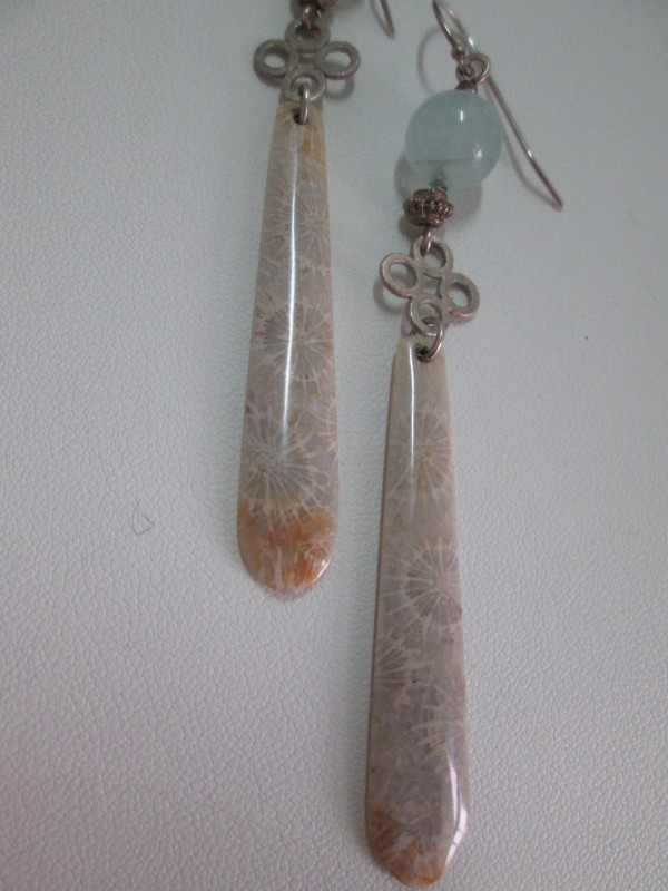 Fossilized Coral Earrings with Beryl Bead by Hollis Bauer