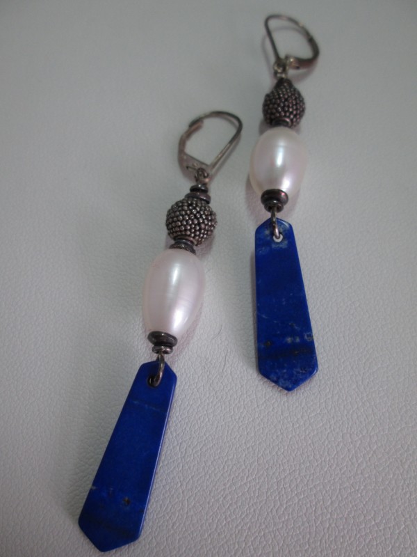 Lapis and CFW Pearl Earrings with SS Bead by Hollis Bauer