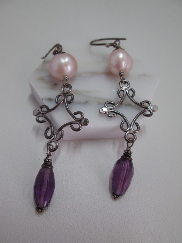 Amethyst and CFW Pearl Earrings by Hollis Bauer