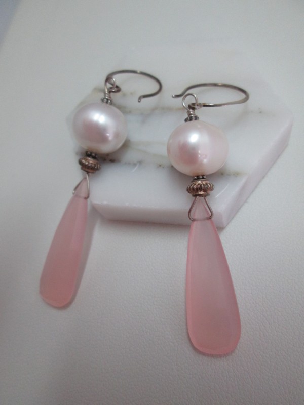 Rose Quartz and CFW Pearl Earrings by Hollis Bauer