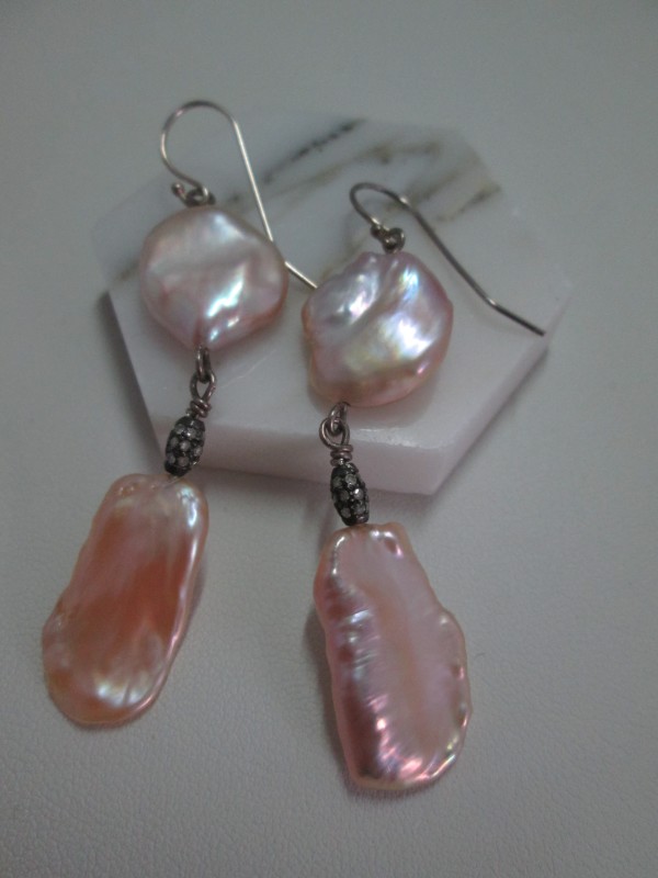 Pink Chinese Freshwater Pearl Earrings with Sterling Diamond Pave Bead by Hollis Bauer