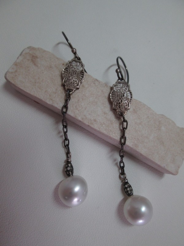 Baroque Pearl Drop Earrings  with Diamond Pave Bead  by Hollis Bauer
