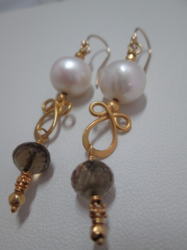 CFW Pearl and Quartz Earrings with Handmade 18 Ct Gold Loop Element by Hollis Bauer