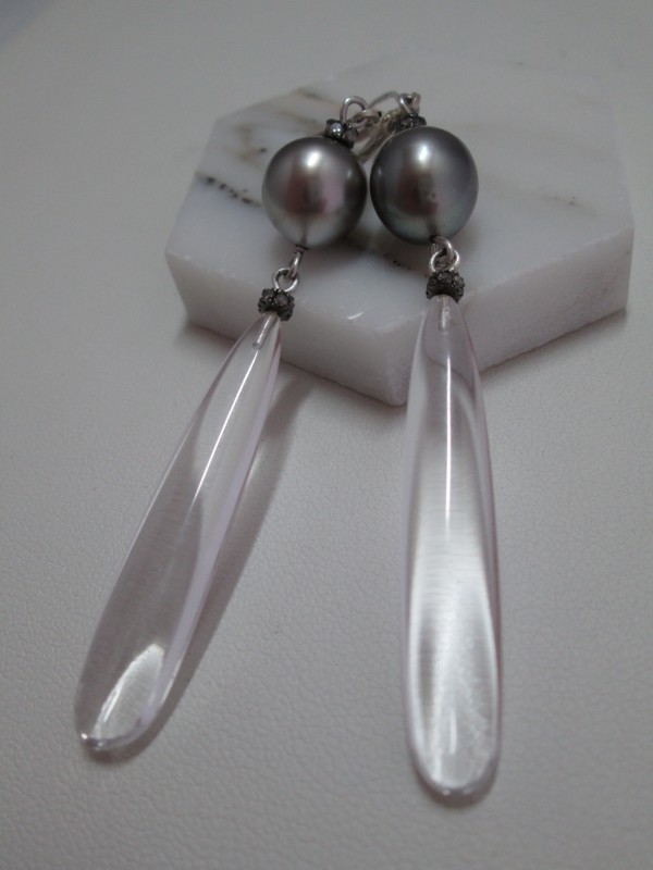 Elongated Quartz Drop Earrings with Gray Tahitian Pearls and Diamond Pave Bead by Hollis Bauer