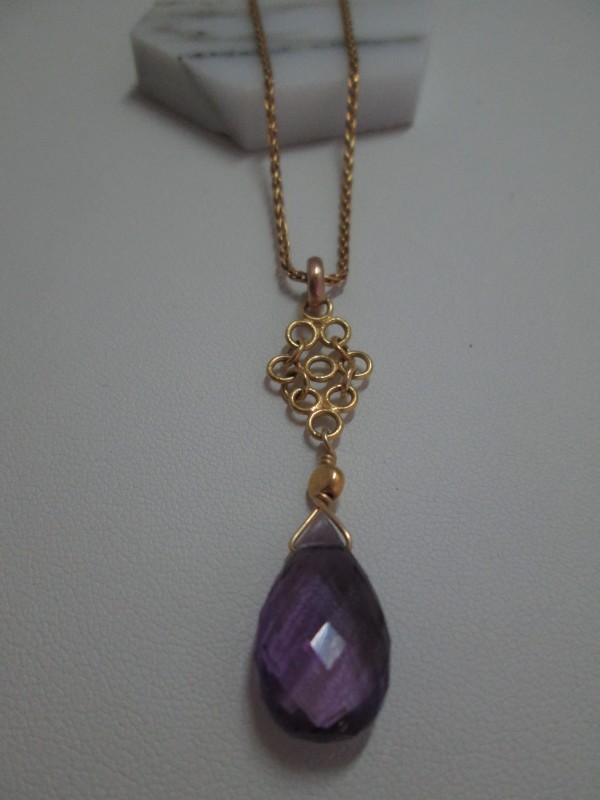 Amethyst Briolette Drop with 22 Kt Gold Chainmail Necklace on Gold Chain by Hollis Bauer
