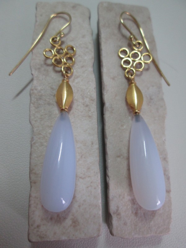 Lavender Chalcedony Earrings with Handmade 18 kt Gold Links  by Hollis Bauer