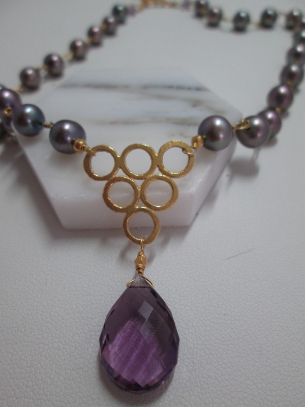Amethyst Briolette Drop Necklace with CFW Peacock Pearls and 18 kt Gold Hammered Element by Hollis Bauer