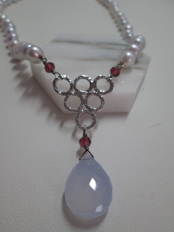 Lavender Chalcedony Briolette Drop Necklace with White CFW Pearls and Hammered SS Element by Hollis Bauer