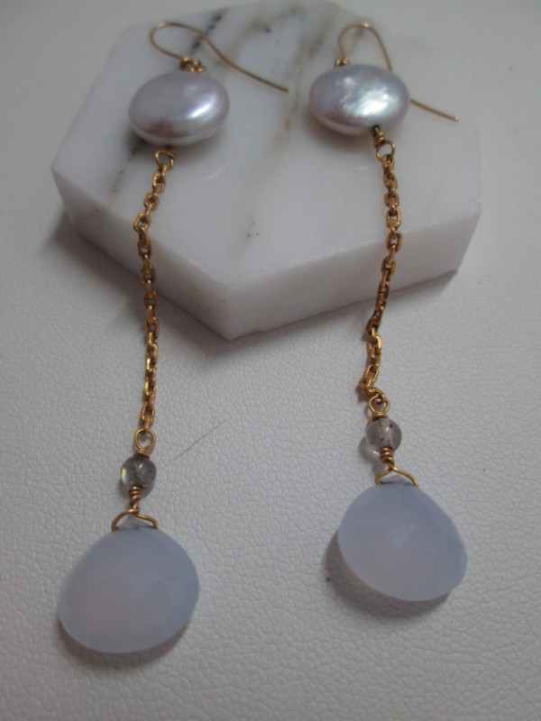 Coin Pearl and Chalcedony Briolette Drop Earrings (18 Kt Chain) by Hollis Bauer