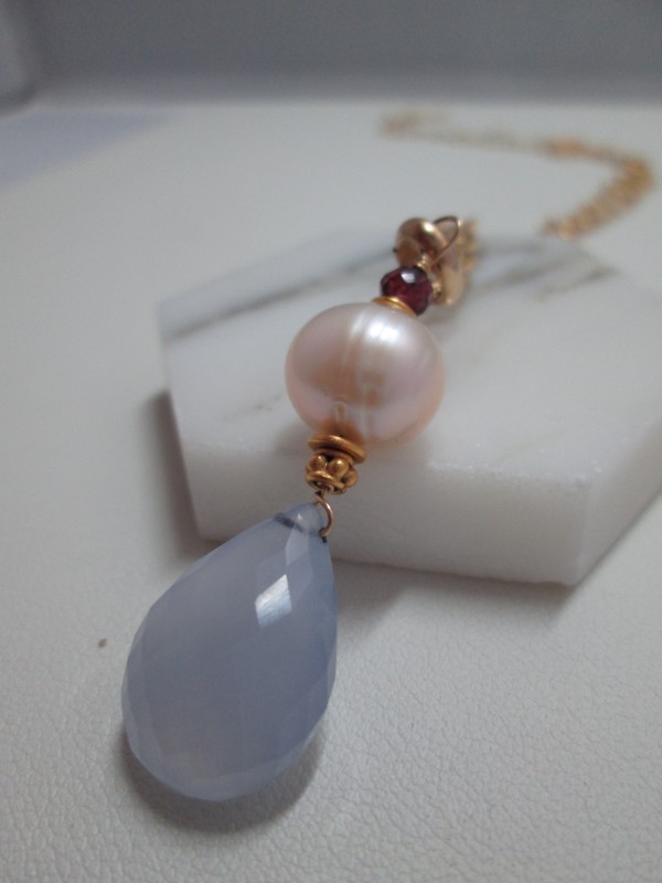 Blue Chalcedony Briolette Drop and CFW Pearl Necklace with Vermeil Chain by Hollis Bauer