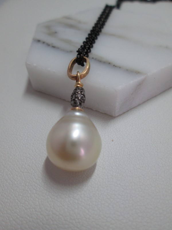 Baroque Pearl with Diamond Pave Bead and Gold Drop  by Hollis Bauer