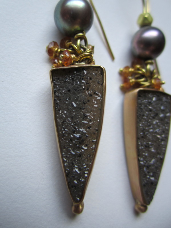 Gold-set Druzy Earrings with Pearl and Mandarin Garnet by Hollis Bauer