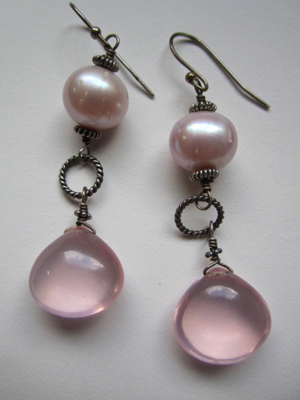 Rose Quartz and CFW Pearl Earrings by Hollis Bauer