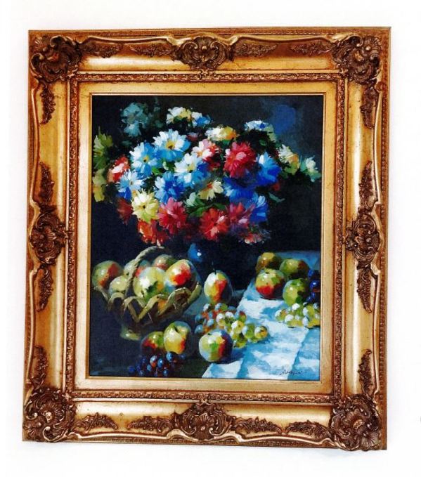 Vase of multi-colored flowers & basket of fruit plus fruit on the table by Art Lacy