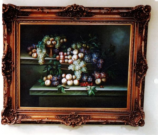 Two stone tables with fruit in small tazze, large basket by R. Printini