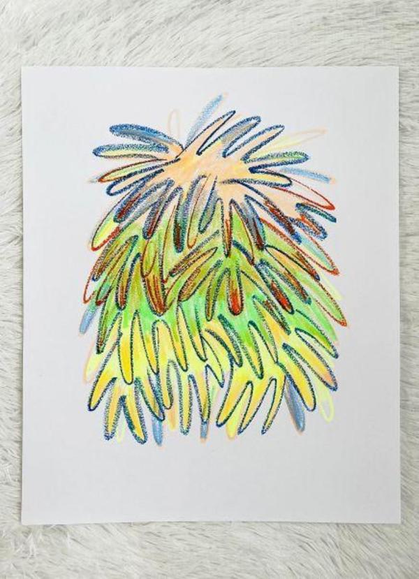 Yellow, Green, Peach, and Blue with Dark Blue and Dark Orange Lines by Jeni Emery