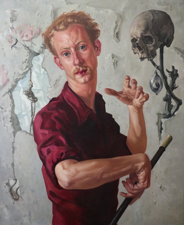 Self portrait with skull and cane by Albertus Gerardus Knupker