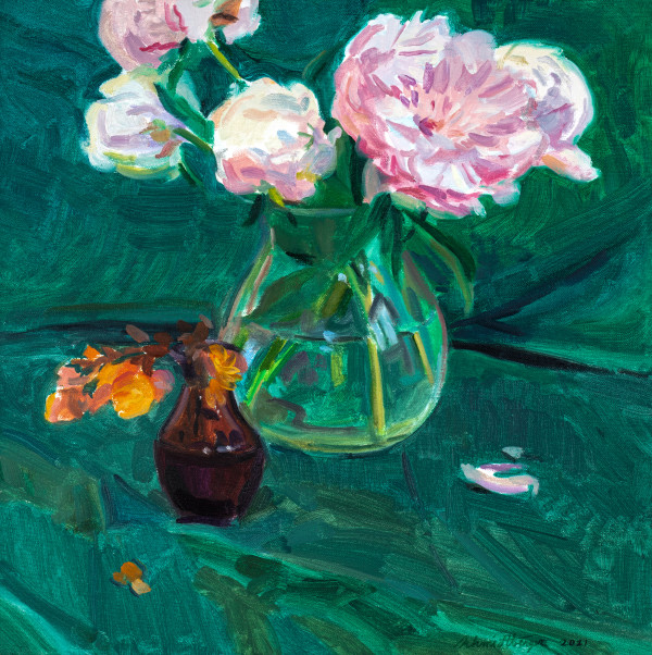 Still-Life with Peonies and Begonias on a Green Cloth by John Schmidtberger