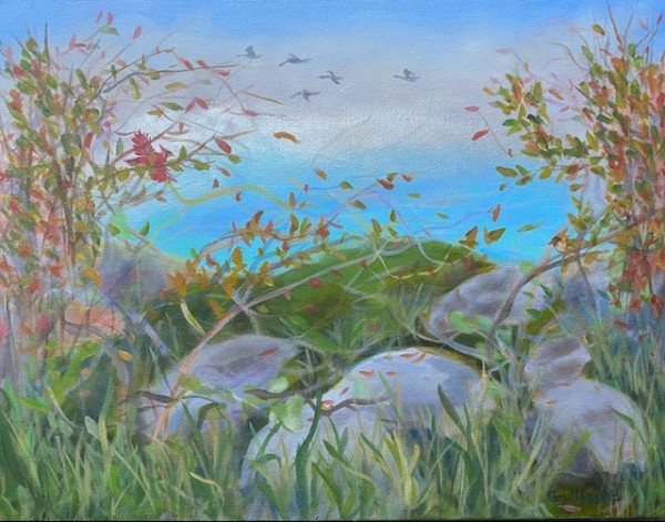 Green Lake Autumn Cardinals by Maud Guilfoyle