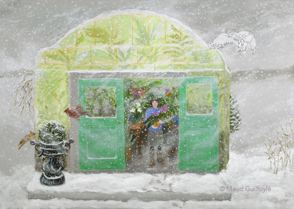 Greenhouse in Snow with Snow Owl by Maud Guilfoyle
