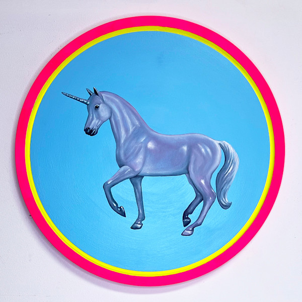 Grey Pink Unicorn on Blue by Colleen Critcher