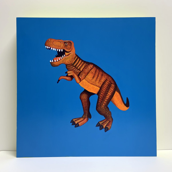 Big Rex - Red Orange T.Rex on Blue by Colleen Critcher