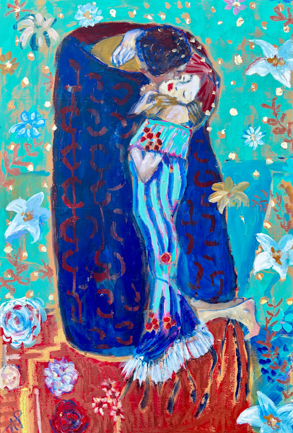 Teal Kiss on a Red Rug by Angie Porter, Image 1.