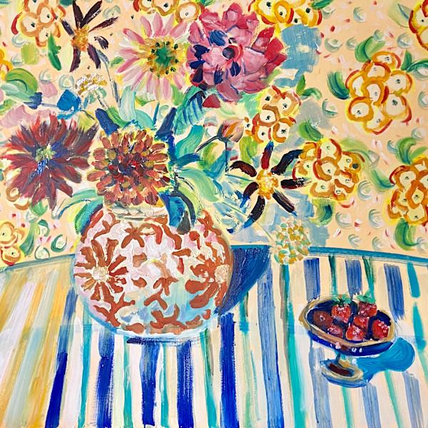 Sunday Strawberries on a Blue Striped Cloth by Angie Porter