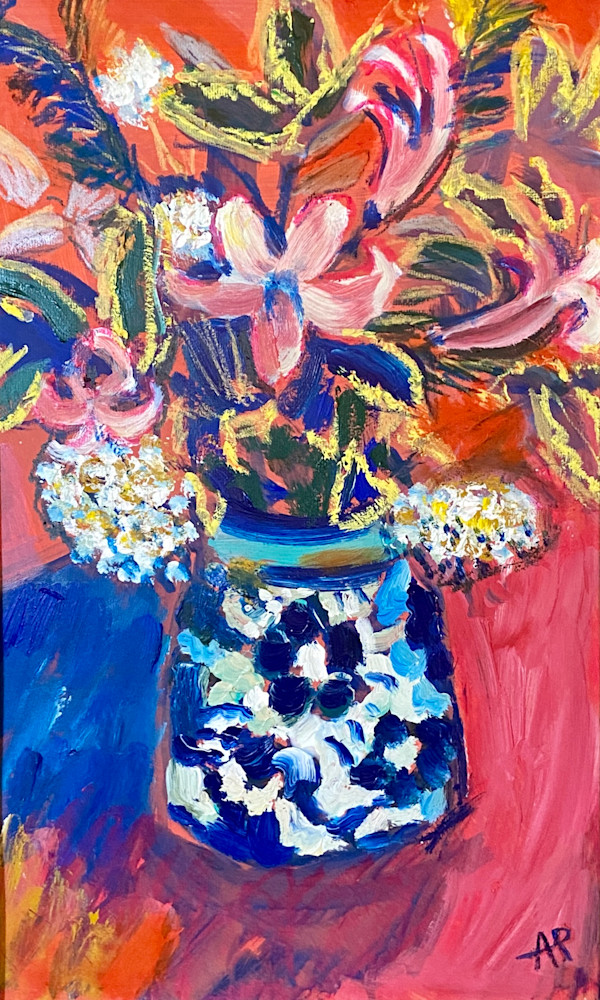Pink Lillies in a Blue Vase by Angie Porter
