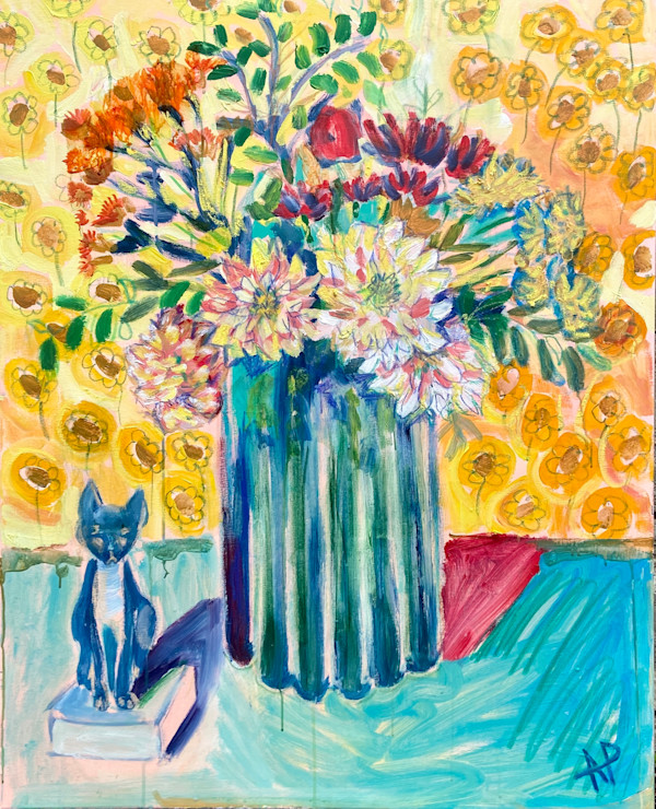 Summer Dahlias and Egyptian Cat by Angie Porter