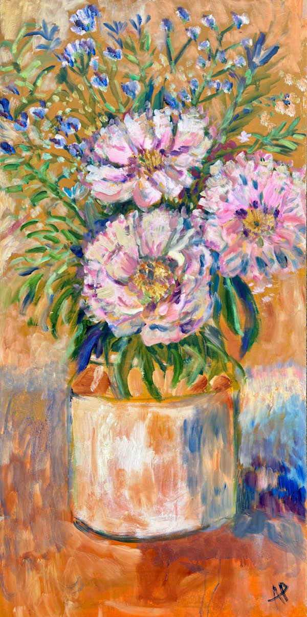 Peonies in a Stone Pot by Angie Porter