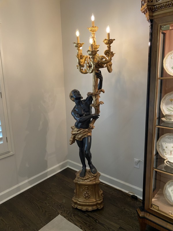 Pair of Polychrome Decorated and Gilt Carved Blackamoor Figural Floor Chandeliers