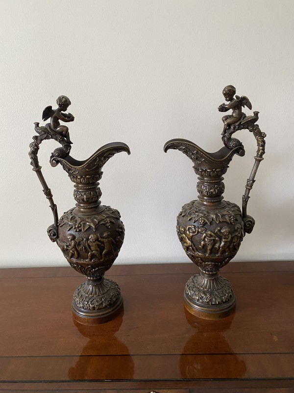 Pair Patinated Bronze Ewers