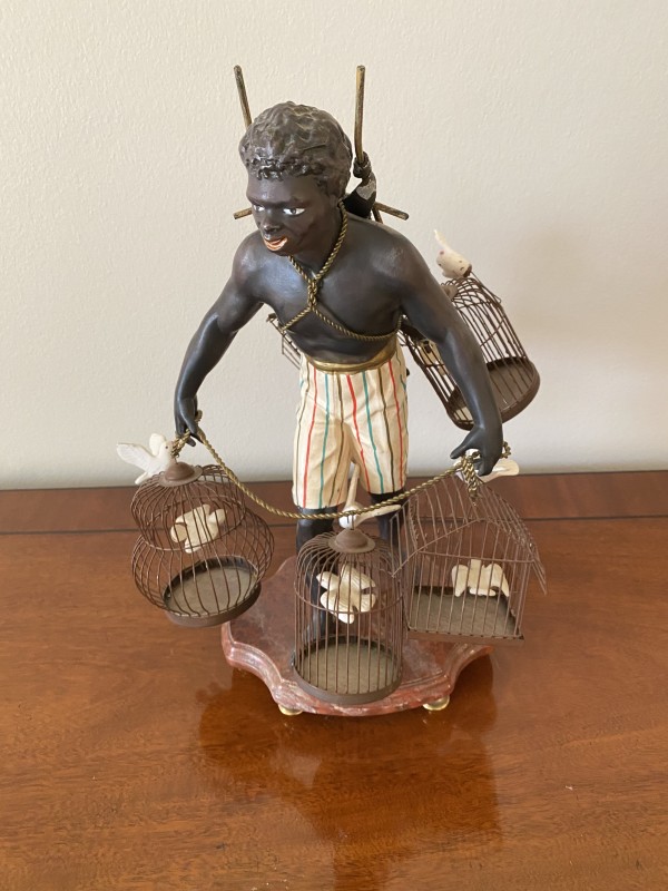 Metal Blackamoor on Wood Plinth, Carrying Birdcages