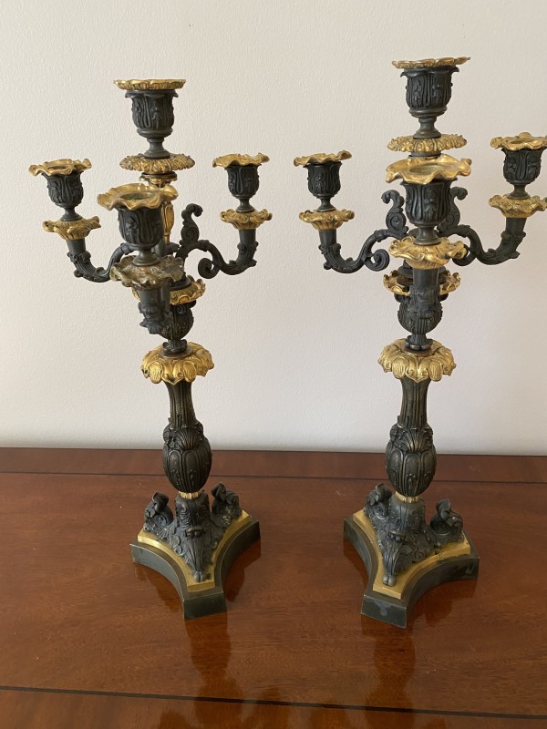Pair of French Charles X Patinated and Gilt Bonze candelabra, Circa 1880.