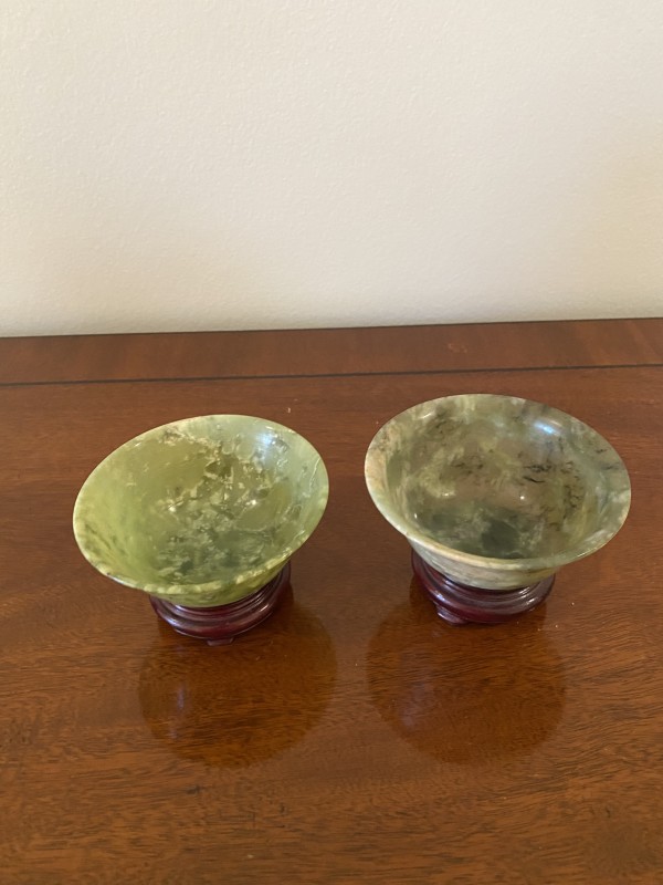 Pair of Spinach Jade Bowls on carved and lacquered stands