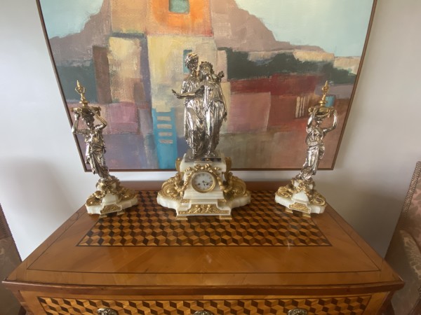 Monumental Dore Bronze and Silver French Clock Garniture Set