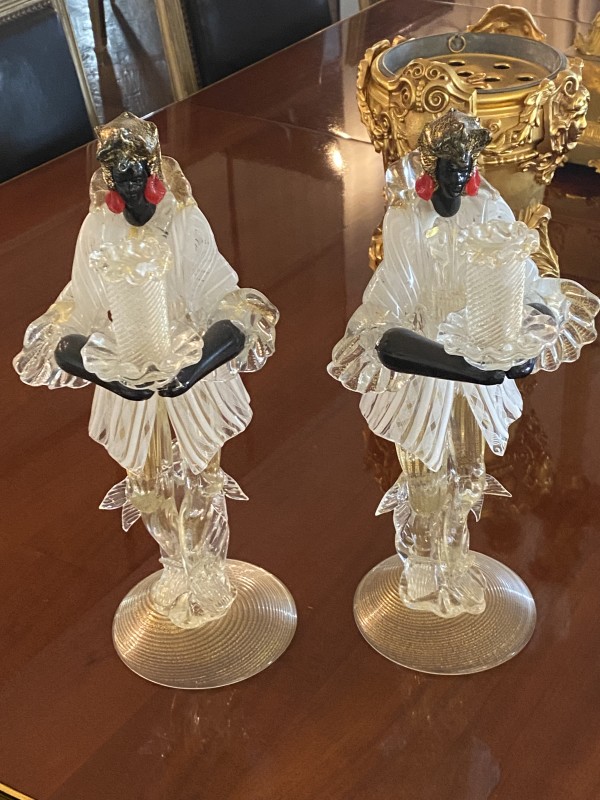 Magnificent Pair of Venetian Murano Glass by Barovier & Toso Murano Latticino Blackamoor Candle Holders