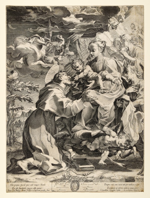 Mary with Christ Child appearing to Saint Francis by Francesco Villamena