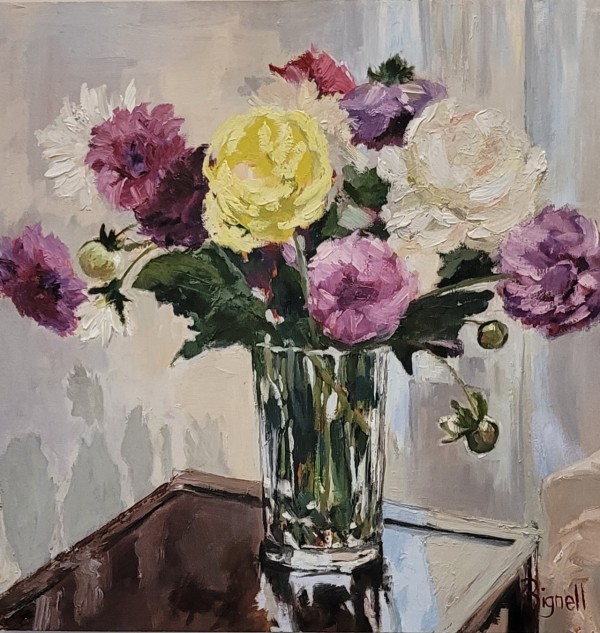 Dalhias in glass vase by Kathleen Bignell