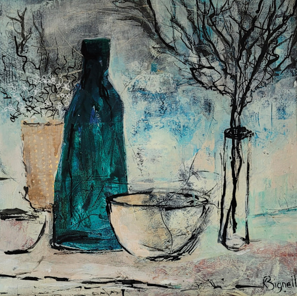 Turquoise Bottle Amid Blush Hues by Kathleen Bignell
