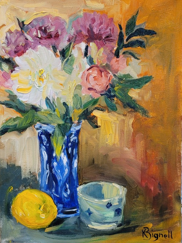 Garden Flowers in Blue Vase by Kathleen Bignell