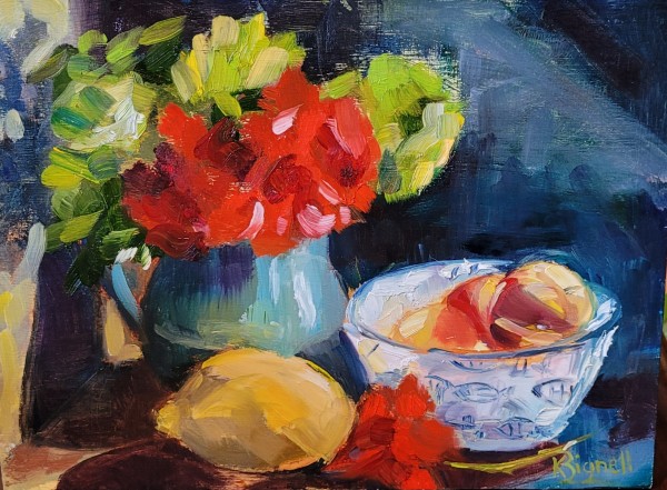 Red Geranium and Fruit by Kathleen Bignell